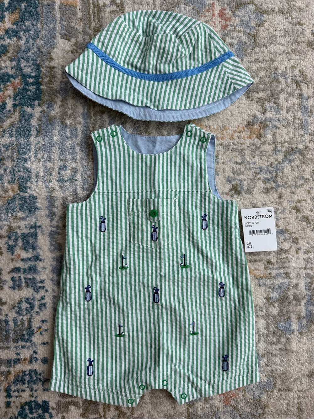 Little Me Green and White Striped Golf Baby Sun Hat and Romper